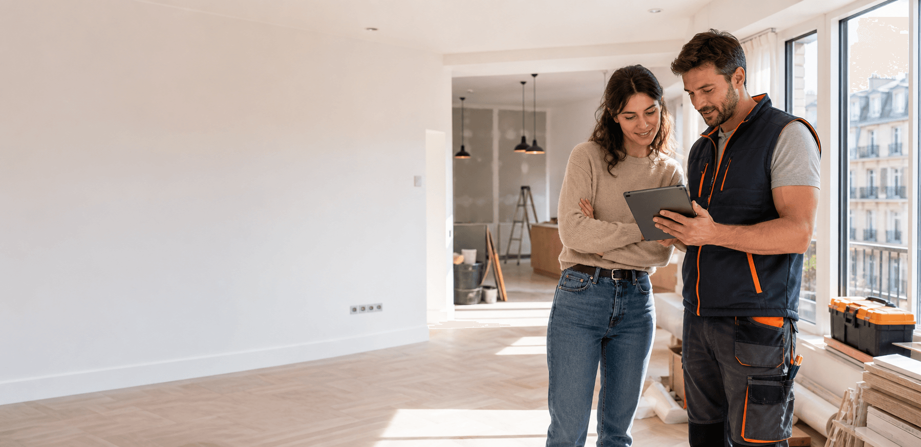 Client et artisan comparant un devis travaux sur tablette